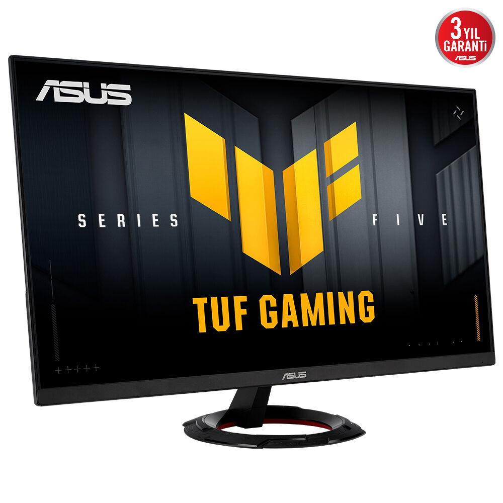 ASUS TUF Gaming monitör. Siyah çerçeve, sarı logo ve ekranda metin. Sağ üstte 3 yıl garanti etiketi.