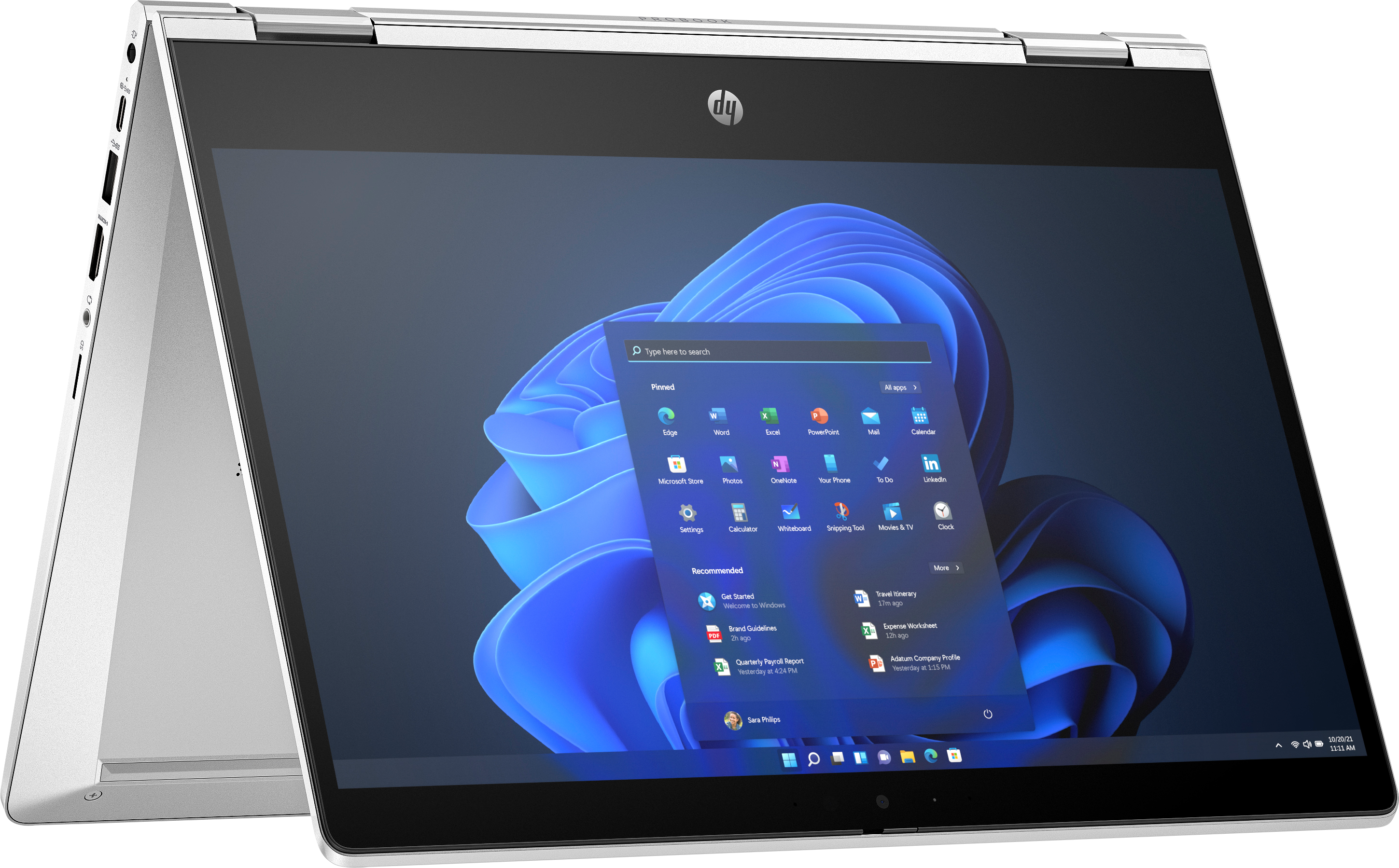 Ein silberner HP-Laptop im Tablet-Modus zeigt die Windows 11-Oberfläche. Der Bildschirm zeigt App-Symbole und einen blauen Hintergrund.