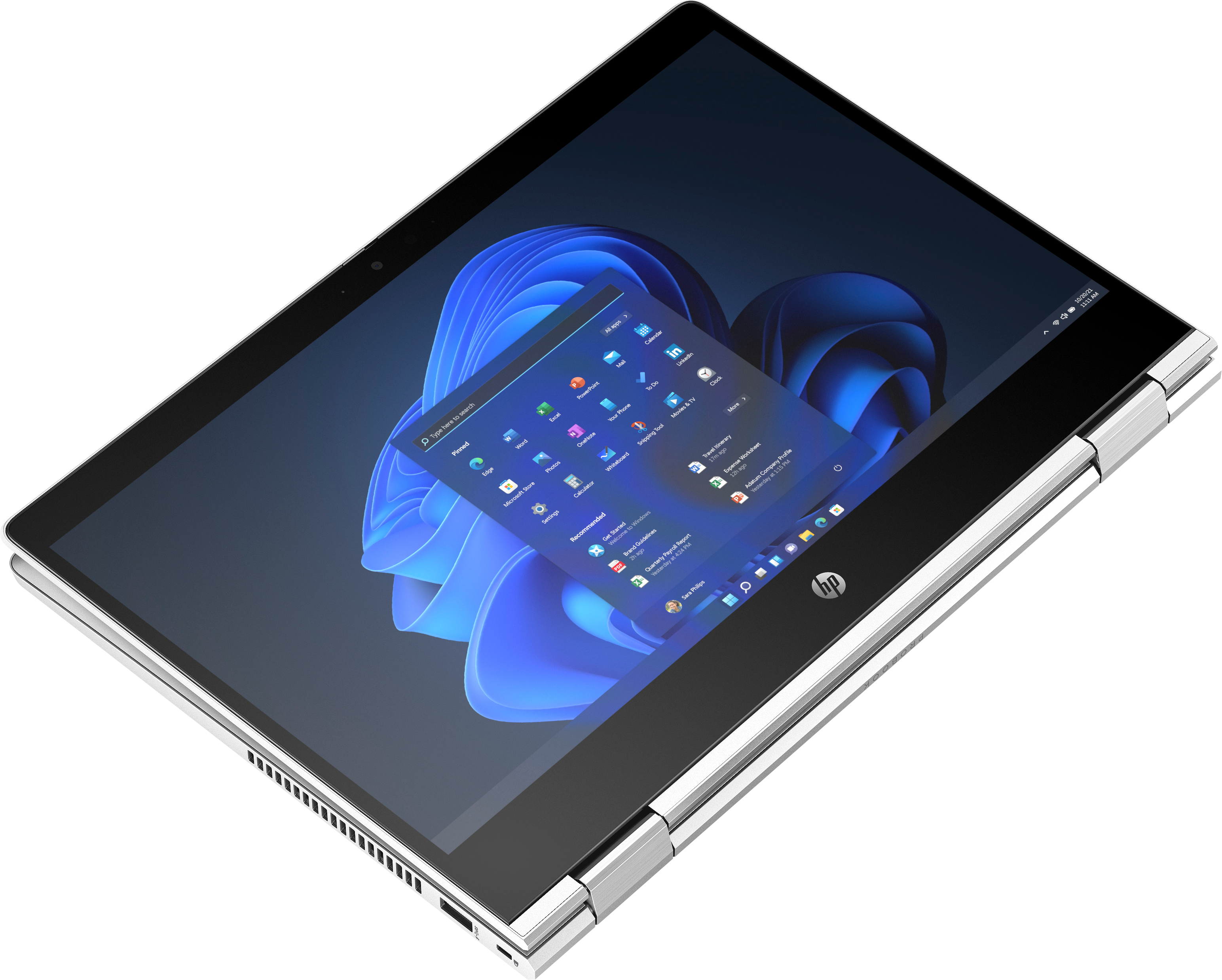 Silbernes HP ProBook-Convertible-Laptop auf schwarzem Untergrund. Bildschirm zeigt Windows-Apps. Schräge Ansicht.