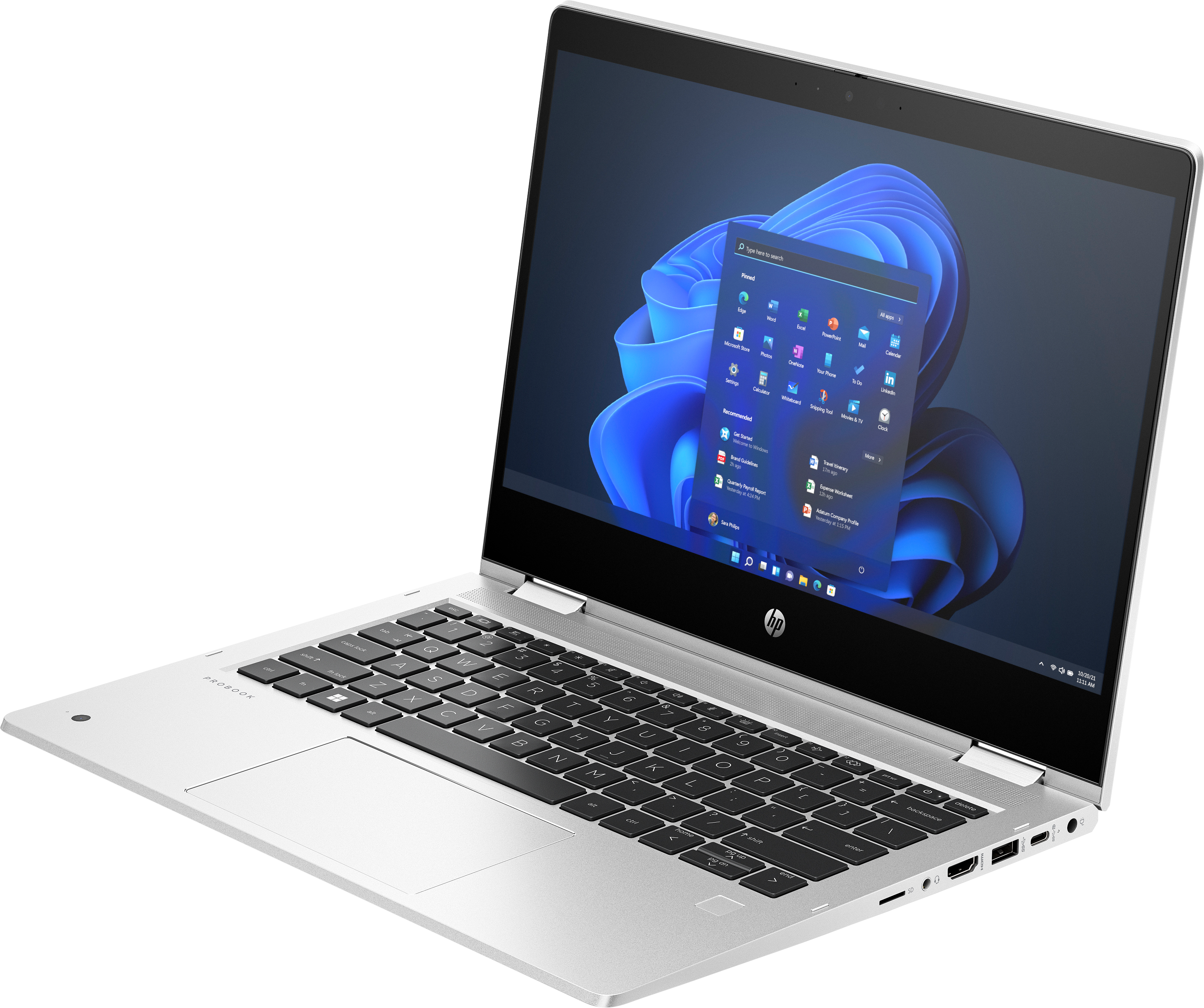 Silbernes HP ProBook-Laptop geöffnet, Windows-Oberfläche anzeigend. Tastatur sichtbar. Schwarzer Hintergrund.