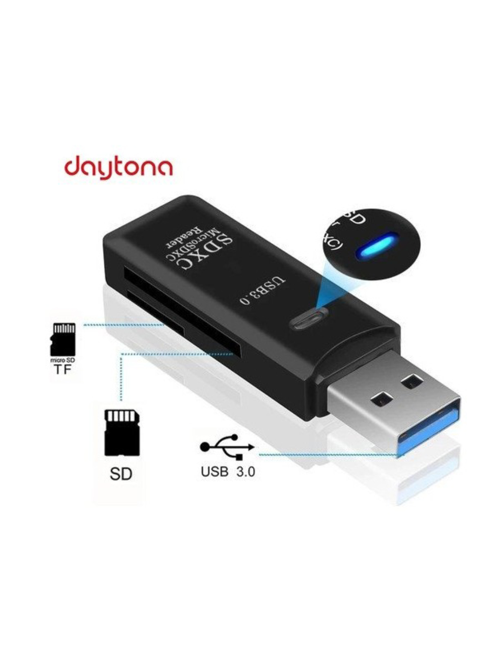 USB 3.0 bağlantılı siyah bir SD kart okuyucu. SD ve Micro SD kartlar için yuvaları vardır, üstte 'Daytona' markası yazılıdır.