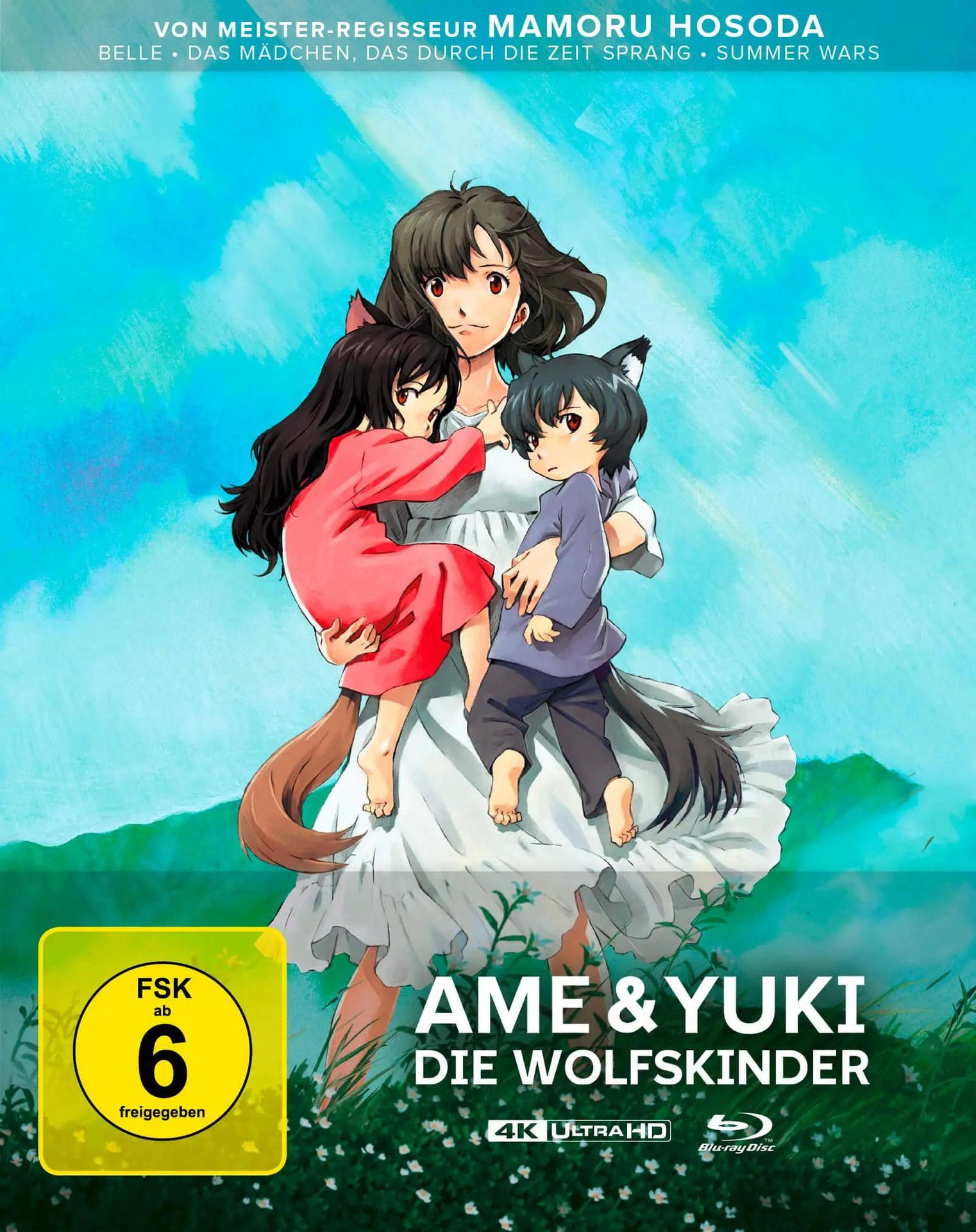 Anime-Cover von "Wolfskinder". Eine Frau hält zwei Kinder mit Wolfsohren und -schwänzen. Titel und Bewertung sind auf dem Cover.