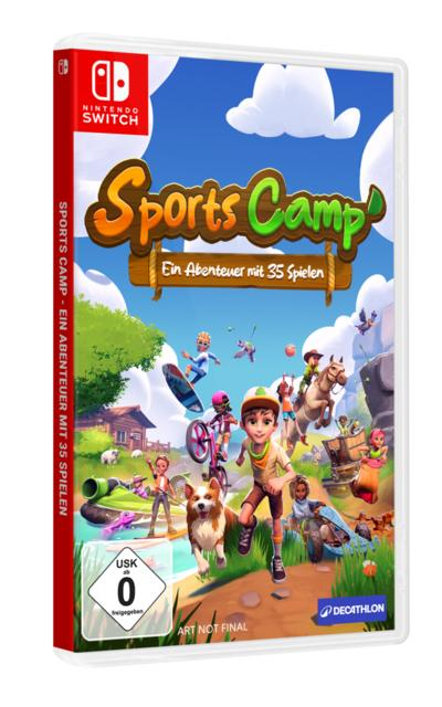 Spielbox-Art für Sports Camp auf Nintendo Switch. Zeigt Cartoon-Figuren bei verschiedenen Sportarten wie Surfen, Radfahren und Reiten.