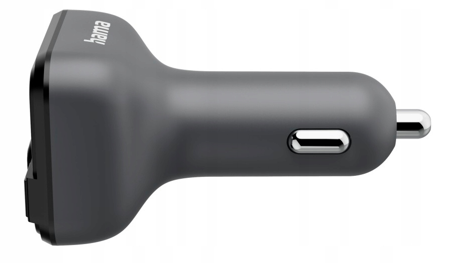 Szara ładowarka samochodowa Hama z portem USB. Ma zaokrąglony kształt i srebrną końcówkę. Tło jest białe.