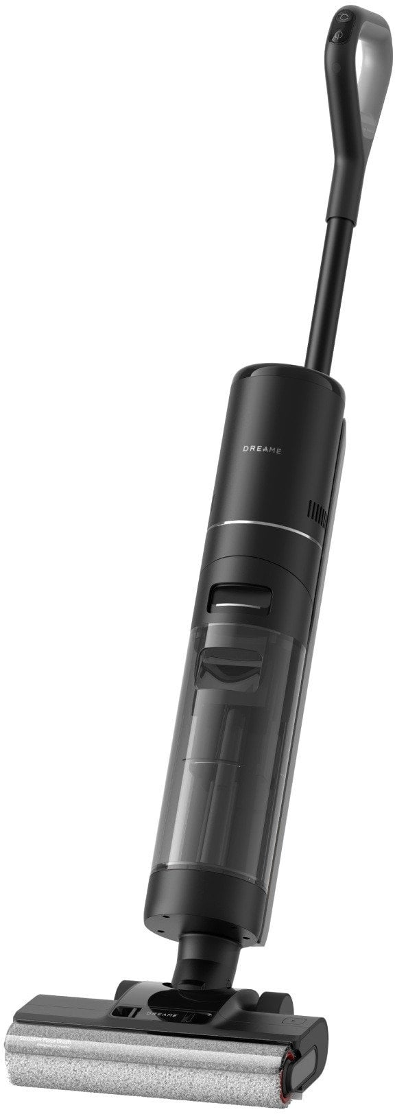 Pokazano czarny i szary bezprzewodowy odkurzacz Dreame. Ma długi uchwyt i prostokątną głowicę czyszczącą.