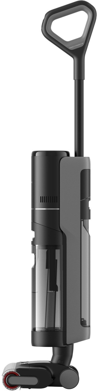 Czarno-szary odkurzacz z uchwytem. Posiada przezroczysty zbiornik na wodę i obrotową głowicę szczotki.