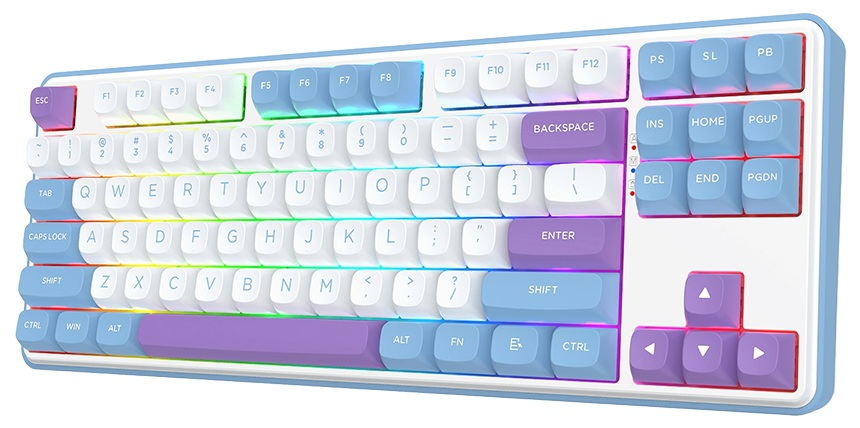Biała i niebieska klawiatura mechaniczna z pastelowymi klawiszami. Posiada różne klawisze i efekt gradientu światła.