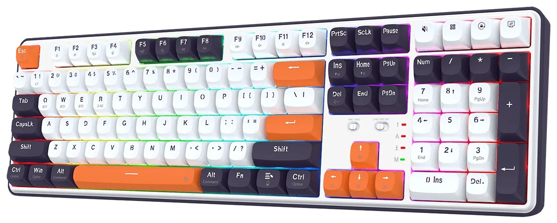 Biało-czarna klawiatura mechaniczna z wielokolorowymi klawiszami, w tym pomarańczowymi, białymi i czarnymi.