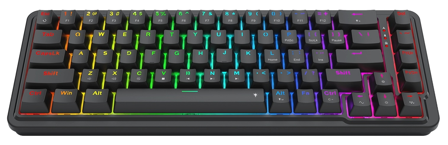 Czarna klawiatura mechaniczna z podświetlanymi klawiszami w kolorach tęczy. Klawisze są oznaczone literami i symbolami.