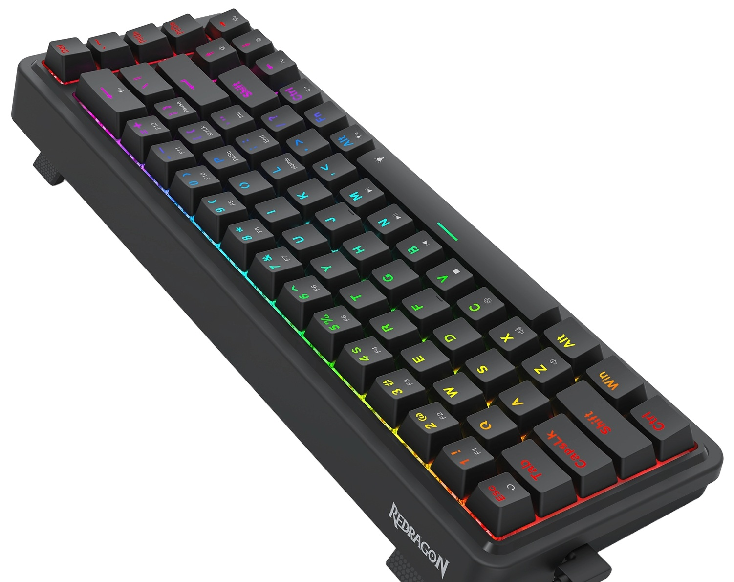 Czarna klawiatura mechaniczna Redragon z podświetleniem RGB. Klawisze są czarne z białymi literami. Klawiatura jest pochylona.