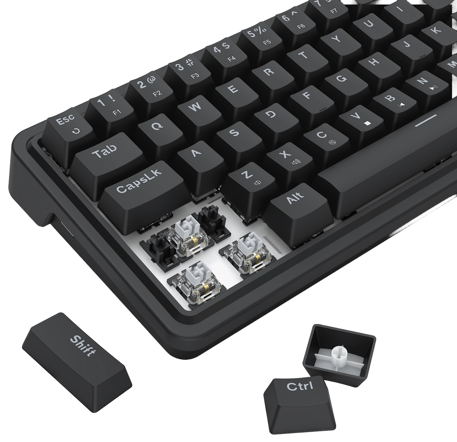 Czarna klawiatura mechaniczna z zdjętymi nakładkami klawiszy. Klawisze Shift i Ctrl są oddzielne. Widoczne są niektóre przełączniki.