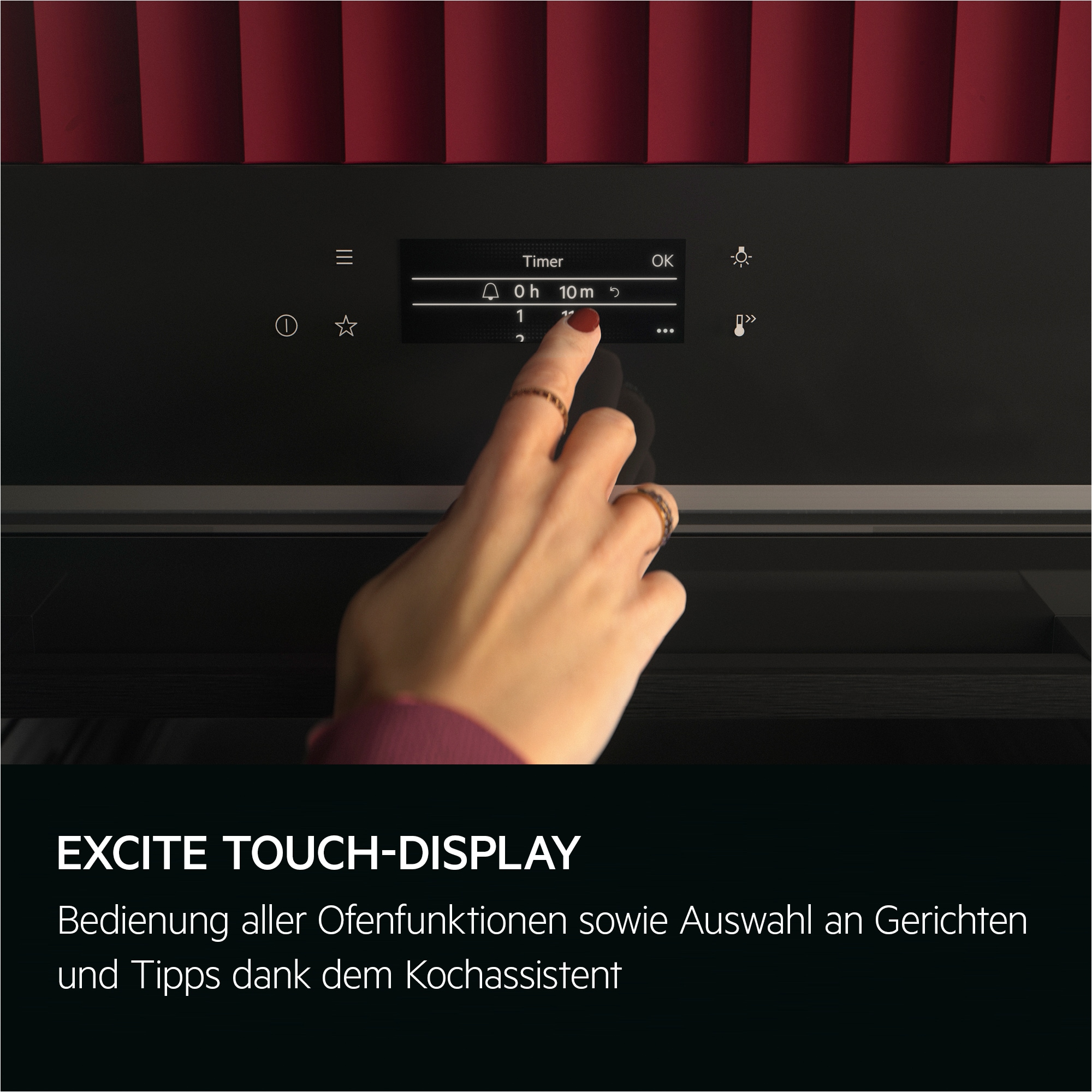 Eine Hand berührt einen Timer auf einem schwarzen Backofen-Display. Der Timer zeigt 10 Minuten. Roter Hintergrund oben.