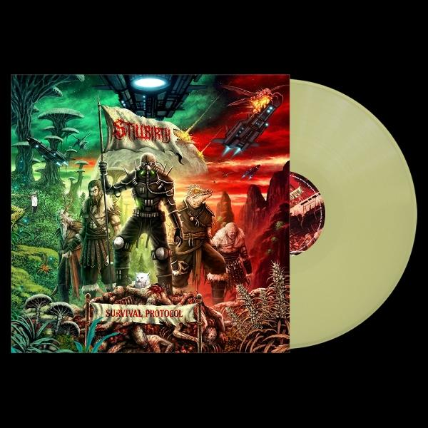 Albumcover: Science-Fiction-Szene mit Kriegern, Raumschiffen und einer Flagge. Eine Katze sitzt auf einem Leichenhaufen. Vinylplatte rechts.