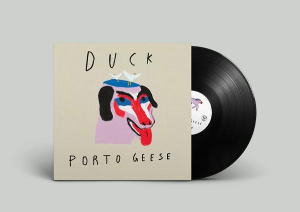 Albumcover mit Hundegesicht, betitelt "DUCK PORTO GEESE", und daneben eine schwarze Schallplatte.