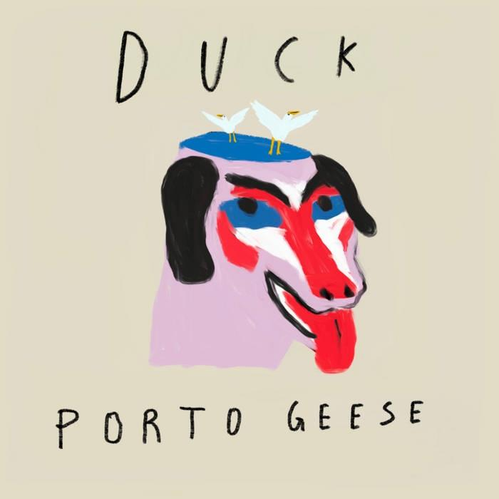 Illustration zeigt einen Hundekopf mit einem blauen Entenkopf. Zwei weiße Vögel sind oben. Die Wörter 'DUCK PORTO GEESE' sind geschrieben.