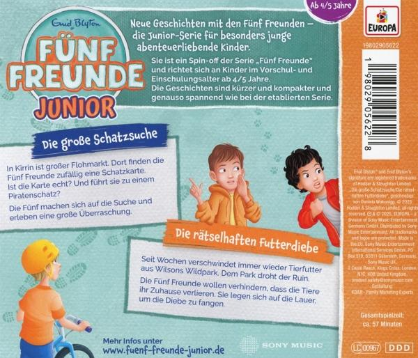 Cover eines Kinderbuchs. Es zeigt Illustrationen von Kindern, Text und den Titel 'Fünf Freunde Junior'.