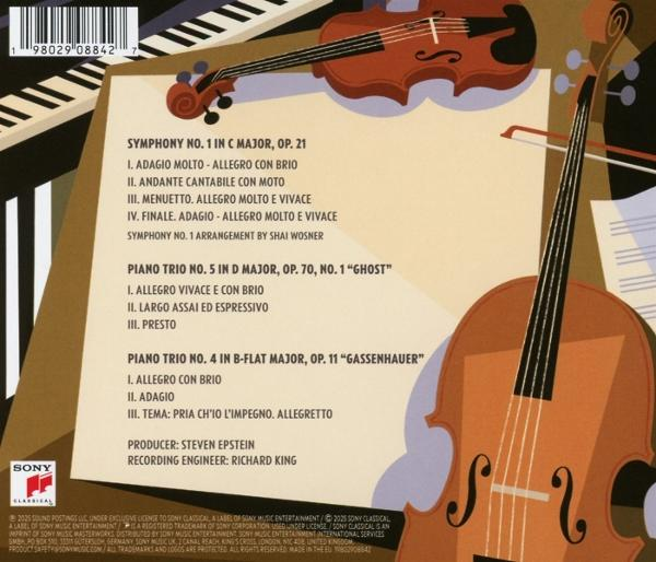 Albumcover mit Musikinstrumenten: Geige und Cello. Text listet Symphonien und Klaviertrios auf. Sony Classical Logo ist sichtbar.