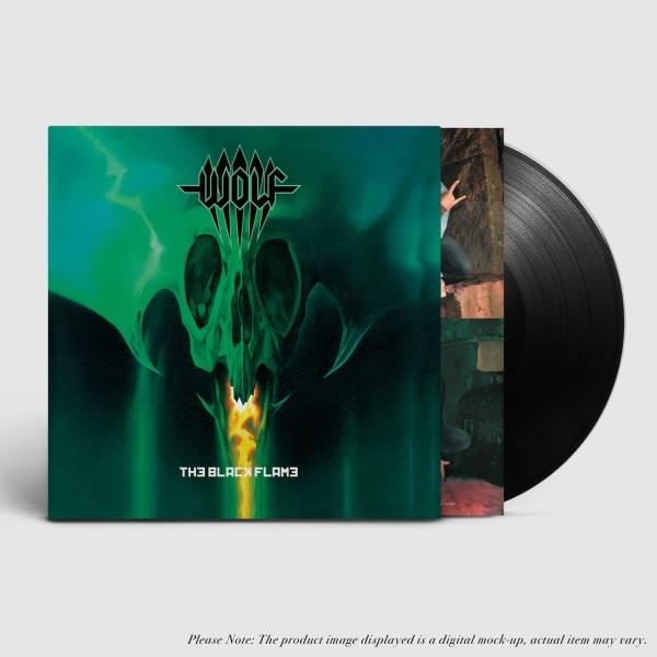 Albumcover für "The Black Flame" von Wolf mit grünem Totenkopfdesign. Rechts eine schwarze Schallplatte.