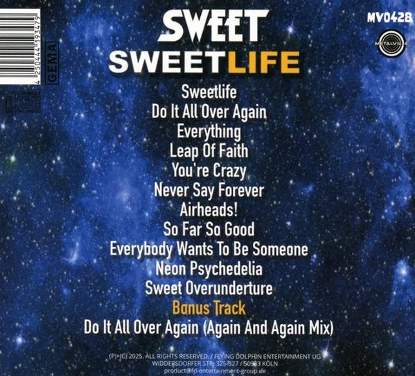 CD-Cover mit Sternenhintergrund. Titel: SWEETLIFE. Tracks umfassen Sweetlife, Do It All Over Again. Bonus-Track ist ebenfalls aufgeführt.