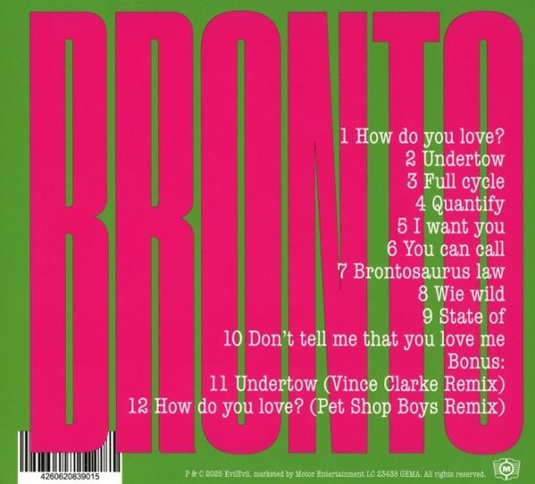 Albumcover mit dem Namen BRONTO in rosa Buchstaben, Titelliste rechts und einem Barcode. Grüner Hintergrund.