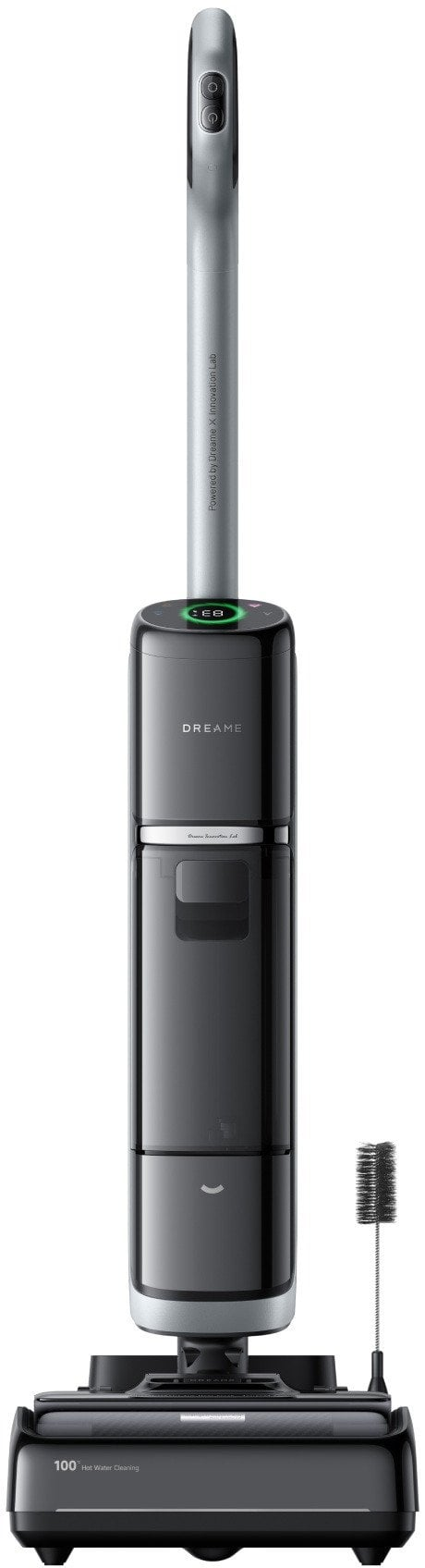 Czarny i srebrny odkurzacz Dreame stoi pionowo. Po prawej stronie znajduje się szczotka. Na podstawie napis: 100 Czyszczenie gorącą wodą.