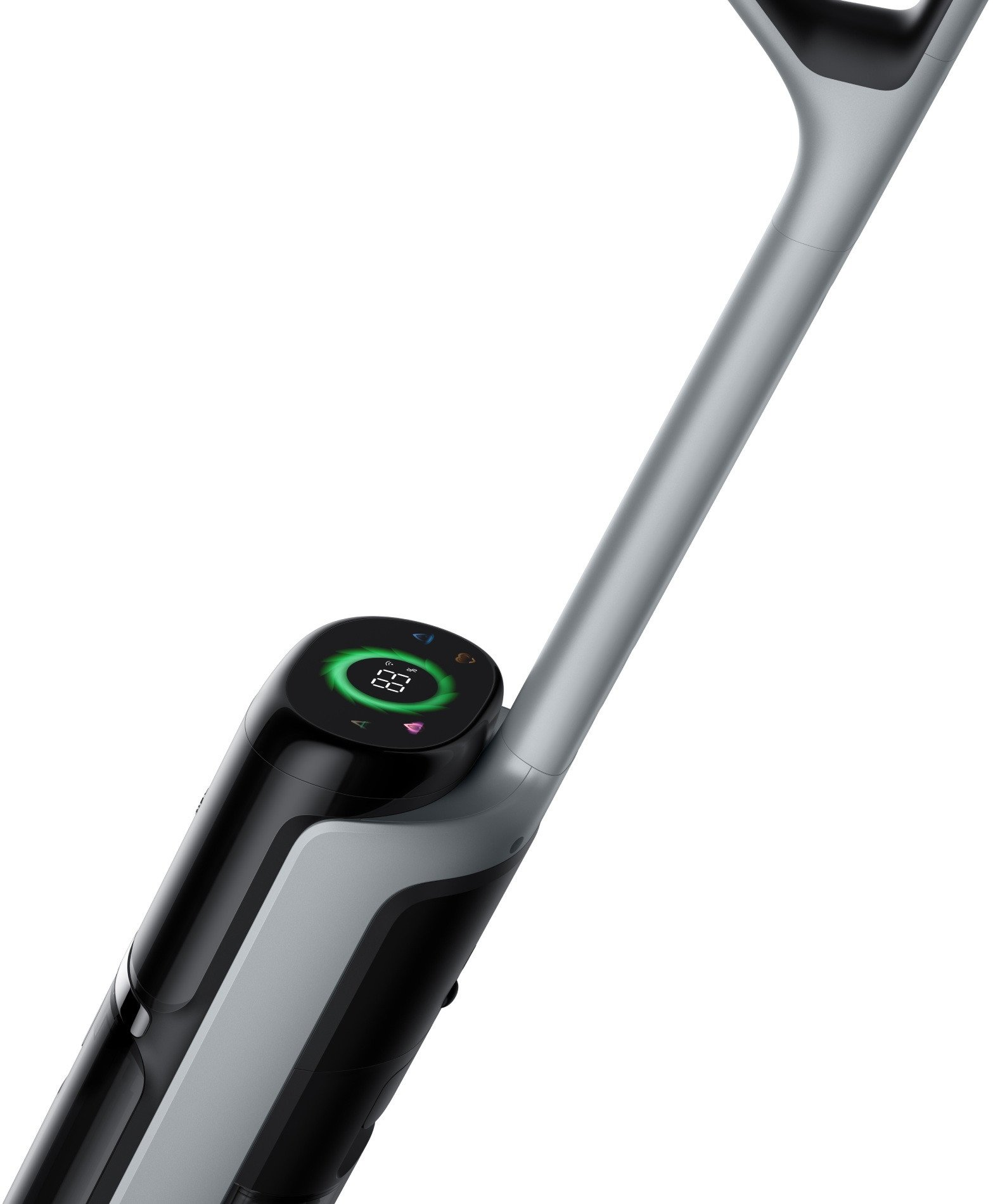 Pionowy odkurzacz z cyfrowym wyświetlaczem pokazującym żywotność baterii. Obudowa jest czarna i szara, ze srebrnym uchwytem.