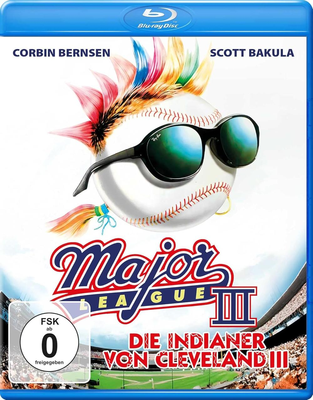 Baseball mit Sonnenbrille und bunten Federn. Titel: Major League III Die Indianer von Cleveland III. Blu-ray Disc.
