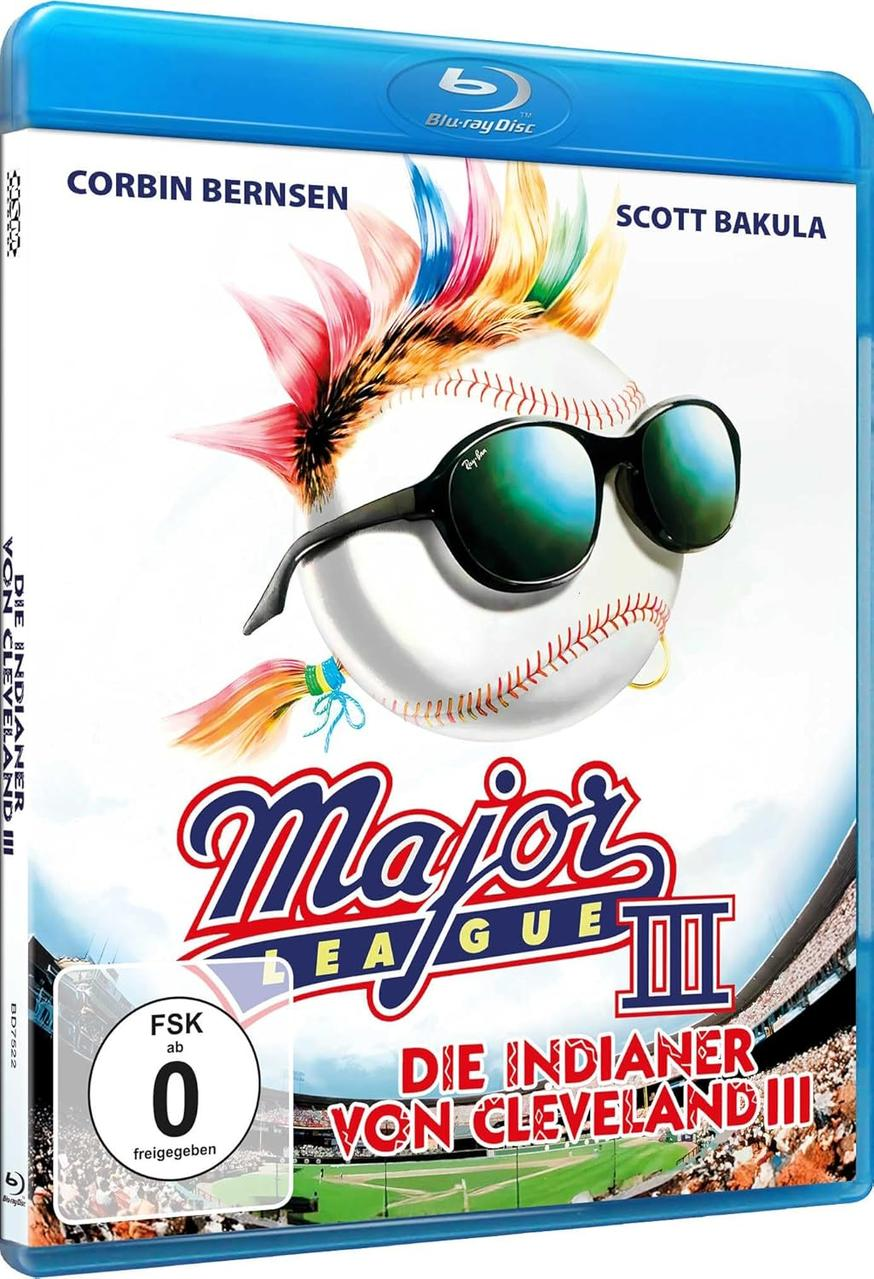 Blu-ray-Cover für Major League III. Ein Baseball mit Sonnenbrille und Federn. Text enthält die Namen der Schauspieler und den deutschen Titel.