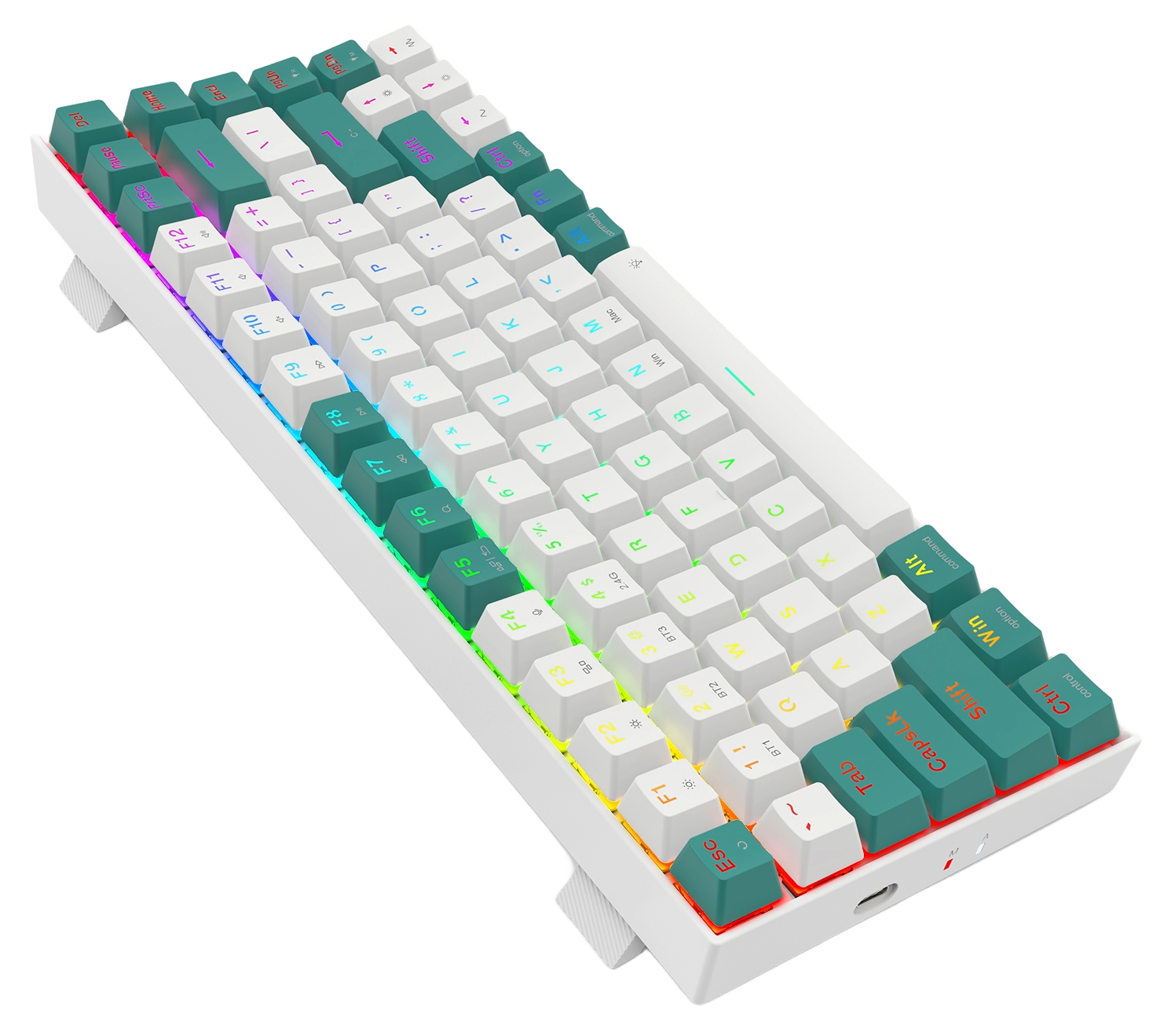 Biała i turkusowa klawiatura mechaniczna z wieloma klawiszami funkcyjnymi i kolorowym podświetleniem.