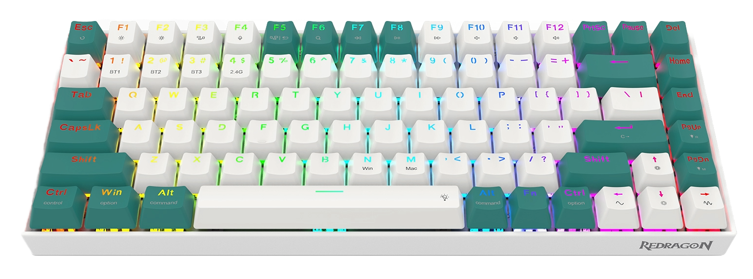 Biała i turkusowa klawiatura mechaniczna z podświetlanymi klawiszami. Klawisze funkcyjne i strzałki są turkusowe.