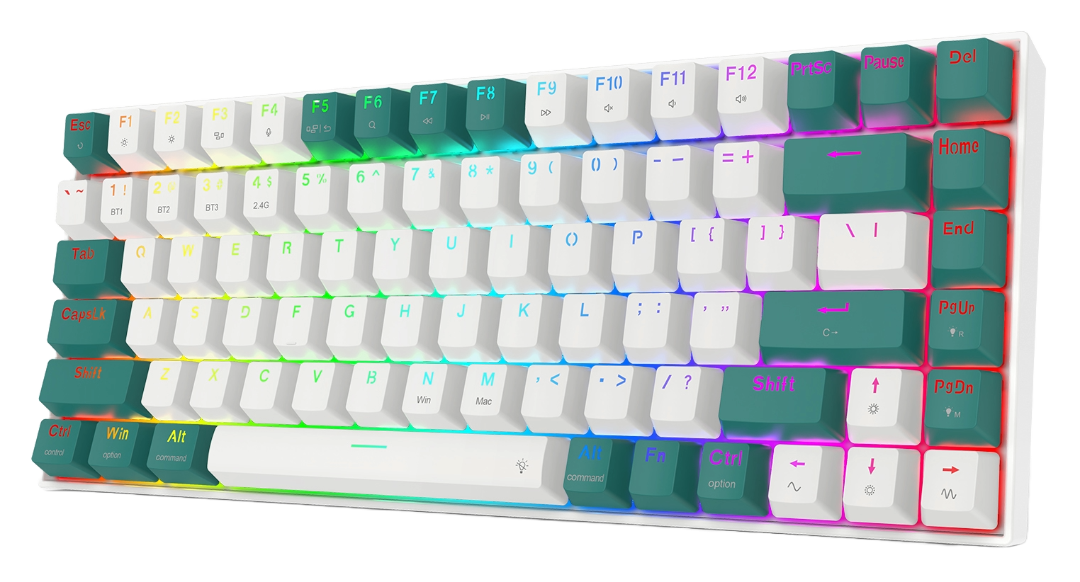 Biała i turkusowa klawiatura mechaniczna. Ma białe klawisze z czarnymi literami i turkusowe klawisze funkcyjne.