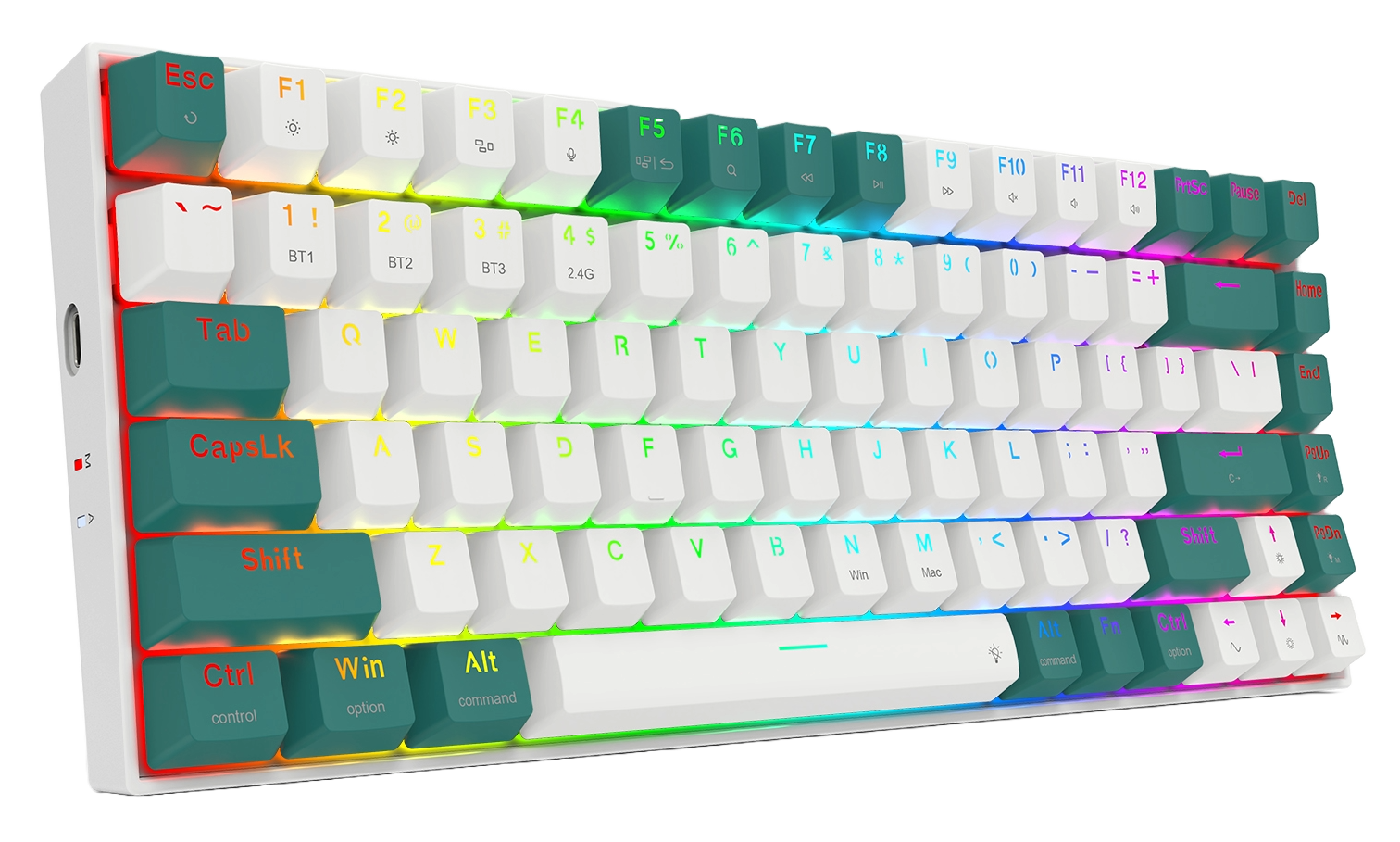 Biała i turkusowa klawiatura mechaniczna z białymi klawiszami i turkusowymi klawiszami funkcyjnymi. Klawisze są opisane różnymi symbolami i literami.