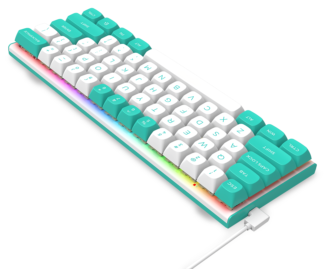 Mechaniczna klawiatura w kolorze turkusowo-białym. Klawisze są białe z turkusowymi akcentami. Podłączona białym kablem.