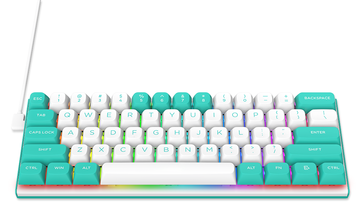 Turkusowa i biała klawiatura mechaniczna. Klawisze są białe i turkusowe. Podświetlenie RGB jest widoczne na dolnej krawędzi. Wpięty biały kabel.