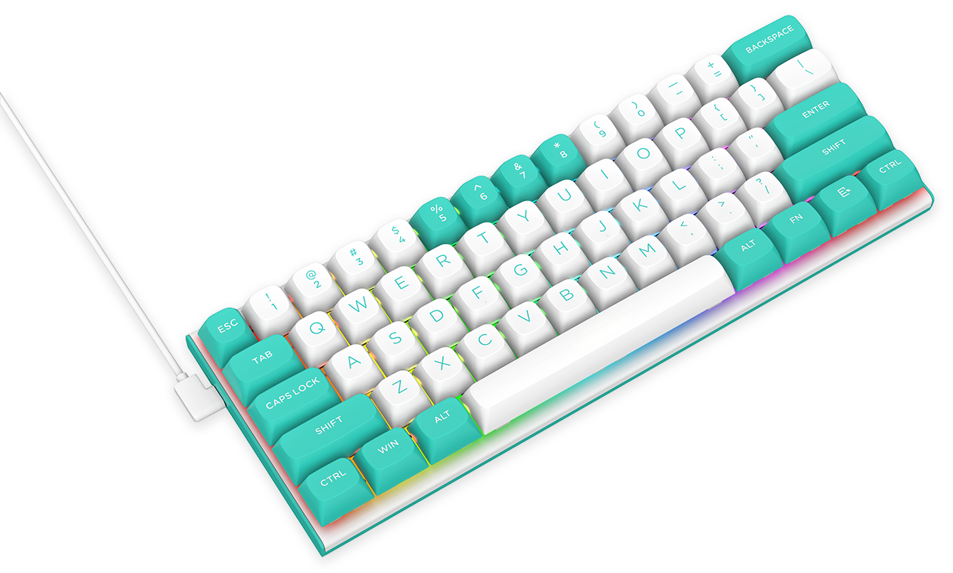 Kompaktowa klawiatura z białymi i turkusowymi klawiszami. Widoczne litery, cyfry i symbole. Kabel wychodzi z klawiatury.