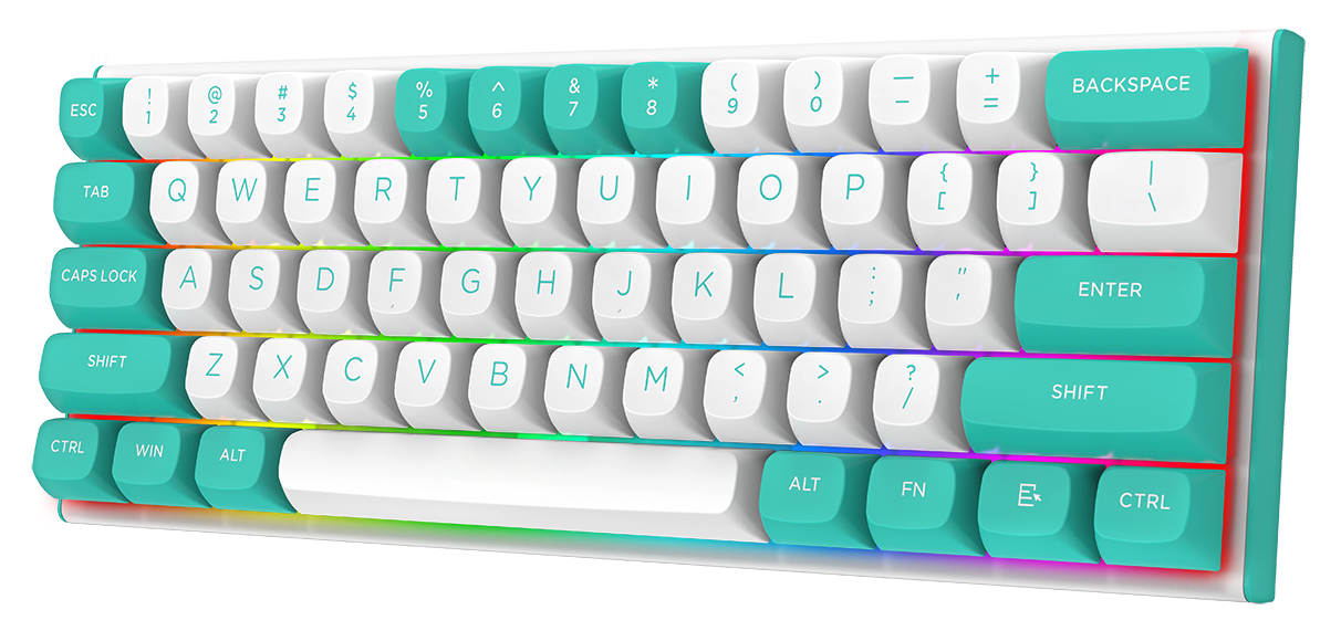 Biała i turkusowa klawiatura mechaniczna z podświetleniem RGB. Ma białe klawisze z turkusowymi klawiszami akcentującymi.