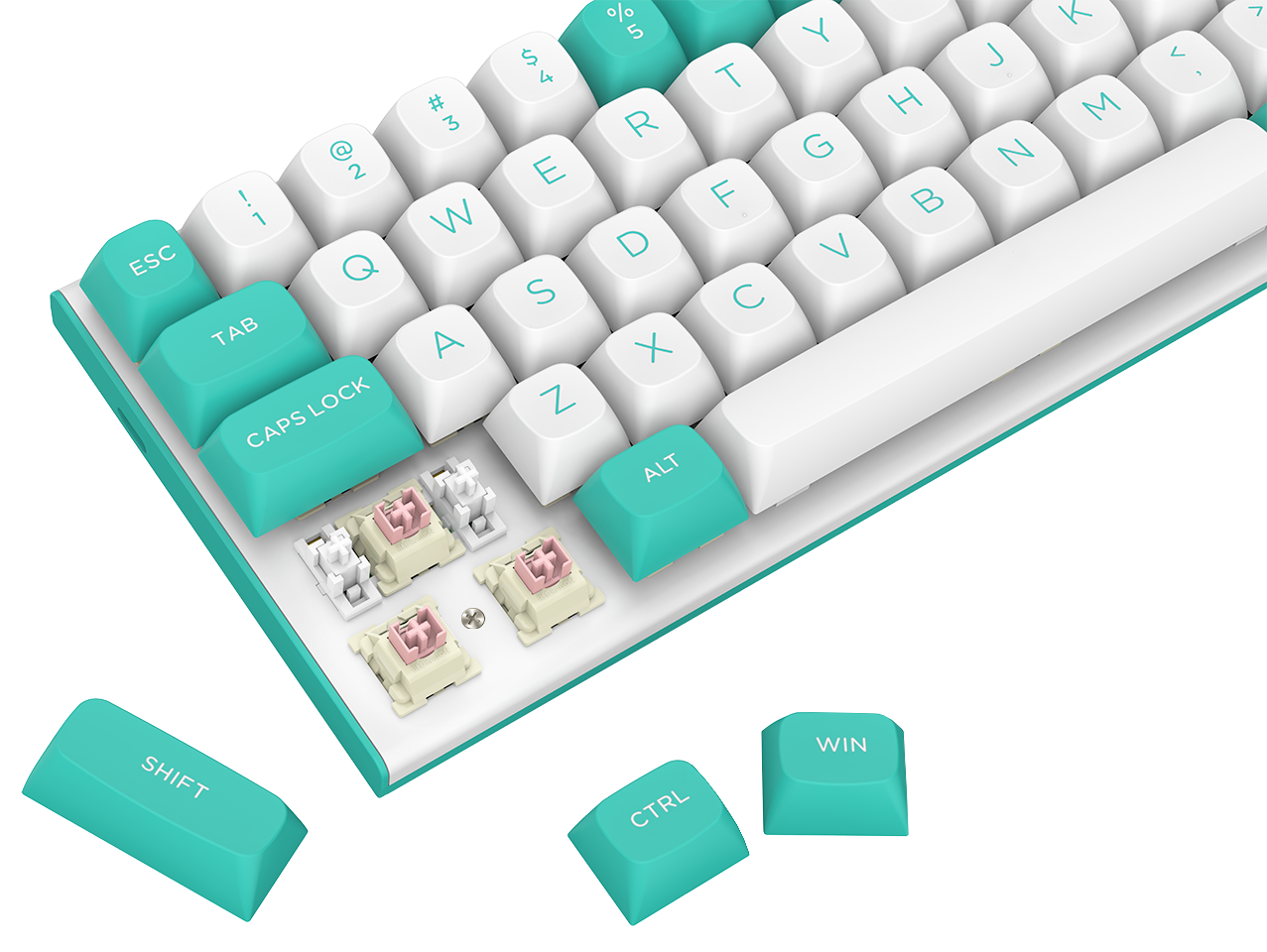 Klawiatura mechaniczna z białymi i turkusowymi klawiszami. Niektóre klawisze usunięto, odsłaniając różowe przełączniki. Klawisze Shift, Ctrl i Win są oddzielone.