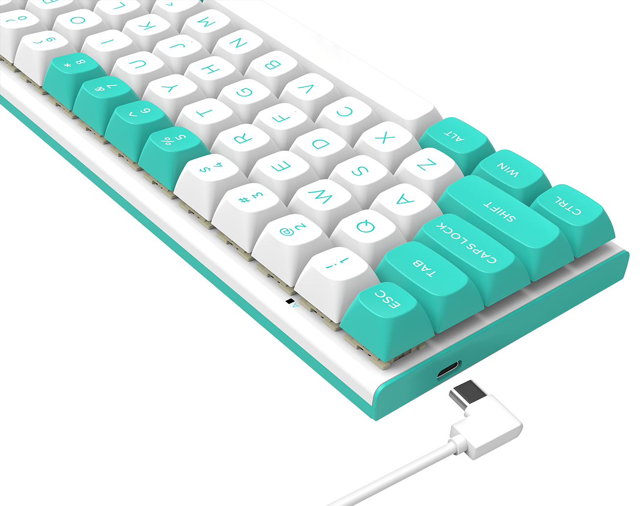 Pokazano białą i turkusową klawiaturę mechaniczną. Klawiatura ma białe klawisze z turkusowymi akcentami. Podłączony jest kabel USB-C.