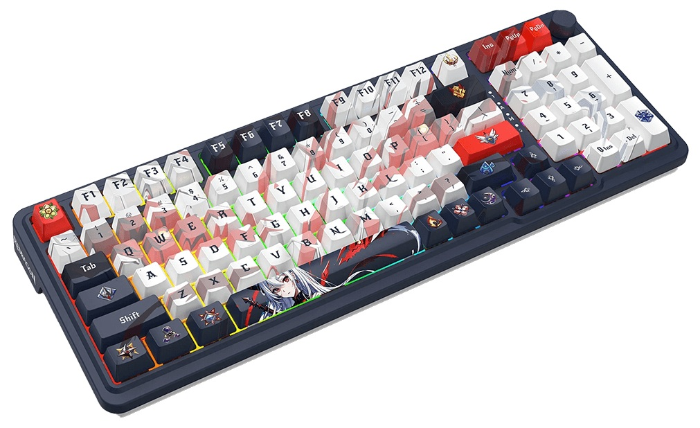 Klawiatura mechaniczna z niestandardowymi nakładkami na klawisze. Klawisze mają różne wzory, w tym postacie z anime i wzory, z ciemnoniebieską ramką.