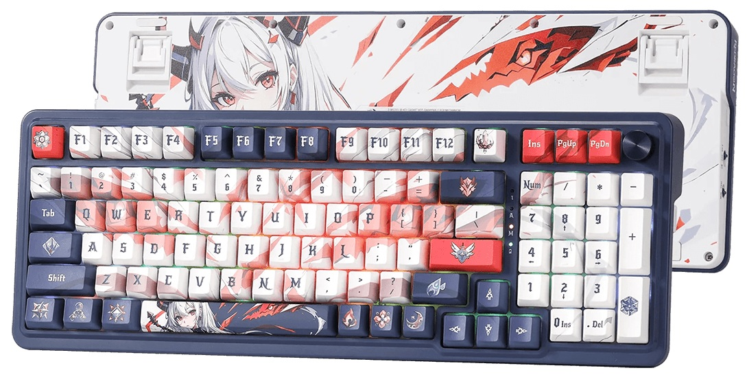 Niestandardowa klawiatura mechaniczna z białym i czerwonym motywem anime, z grafiką postaci i stylizowanymi klawiszami.