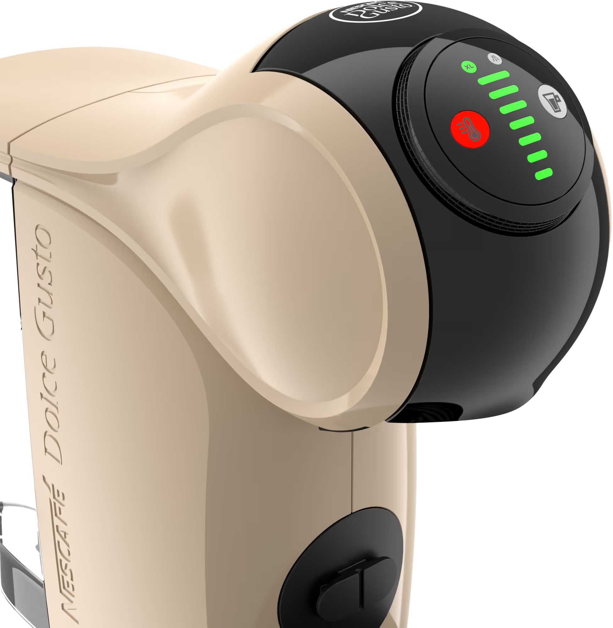 Beżowo-czarny ekspres do kawy Dolce Gusto. Posiada cyfrowy wyświetlacz z zielonymi światłami i czerwonym przyciskiem.