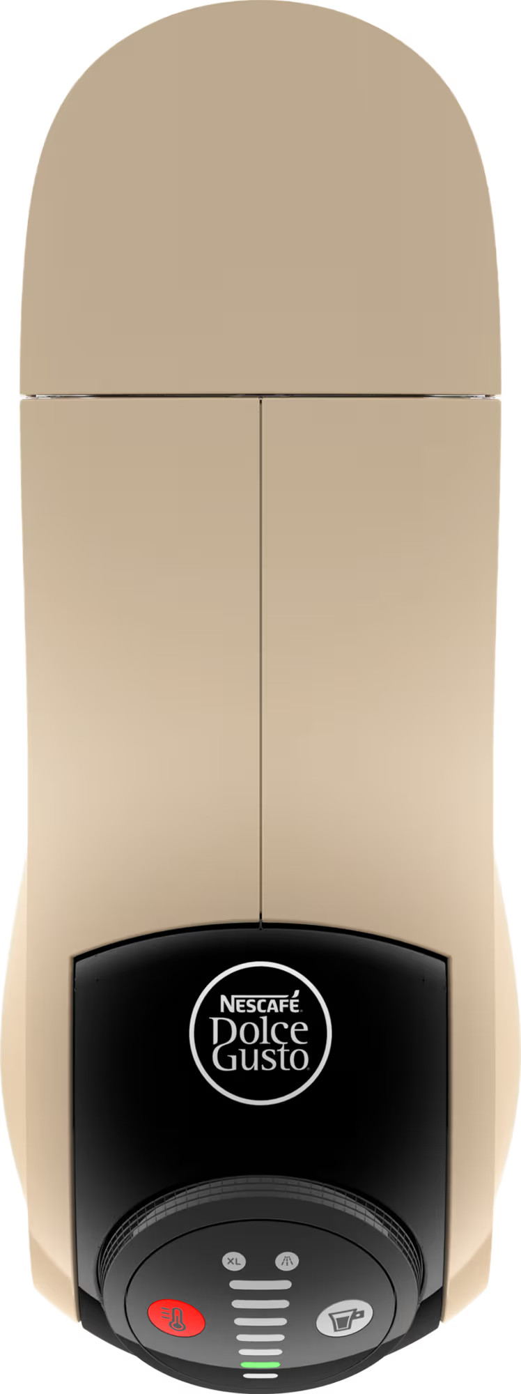 Beżowy i czarny ekspres do kawy Nescafé Dolce Gusto. Góra beżowa, dół czarny z pokrętłem i logo.