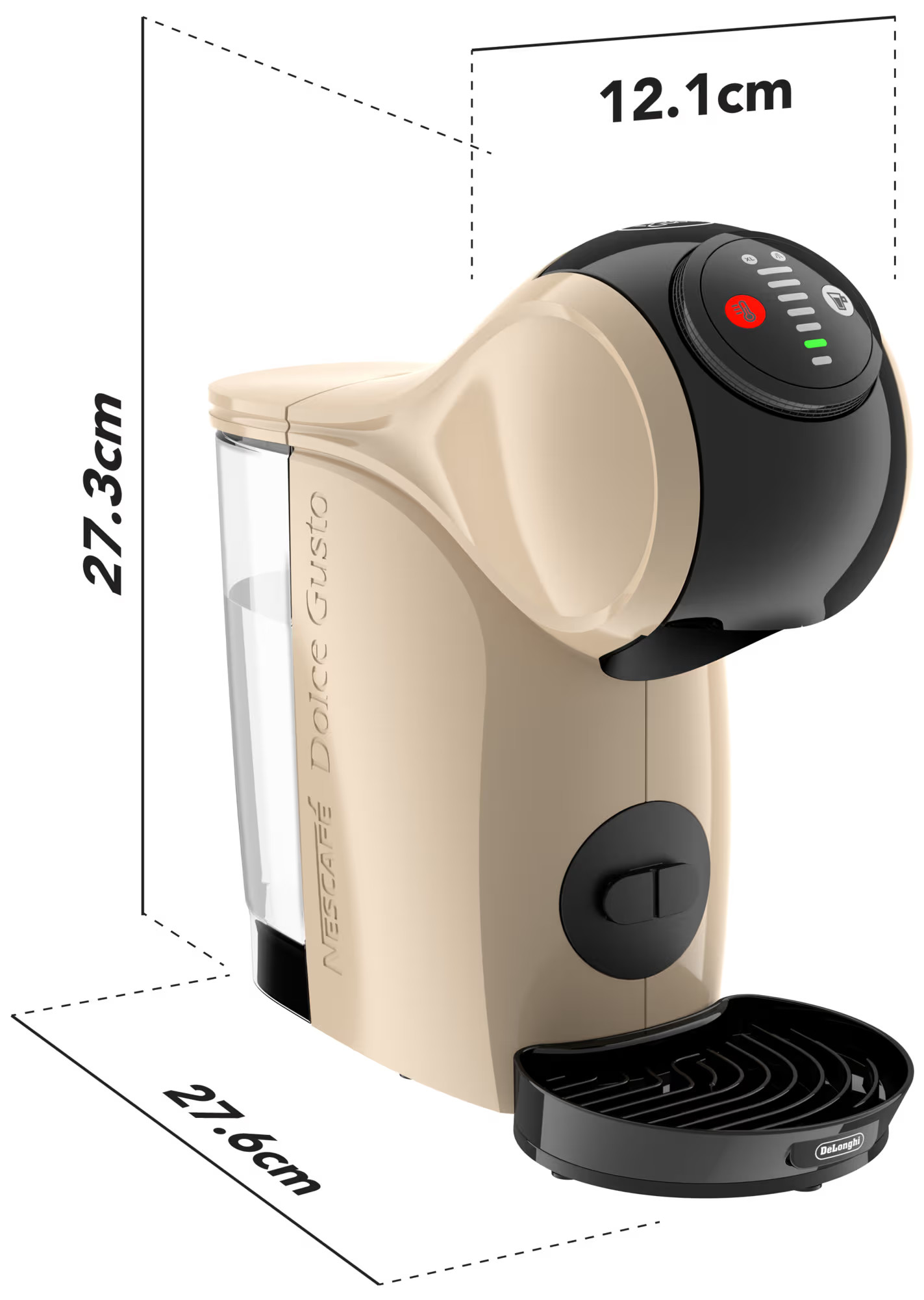 Beżowy i czarny ekspres do kawy Dolce Gusto. Wymiary: 27,3 cm wysokości, 27,6 cm szerokości, 12,1 cm głębokości. Ma czarną tackę ociekową.