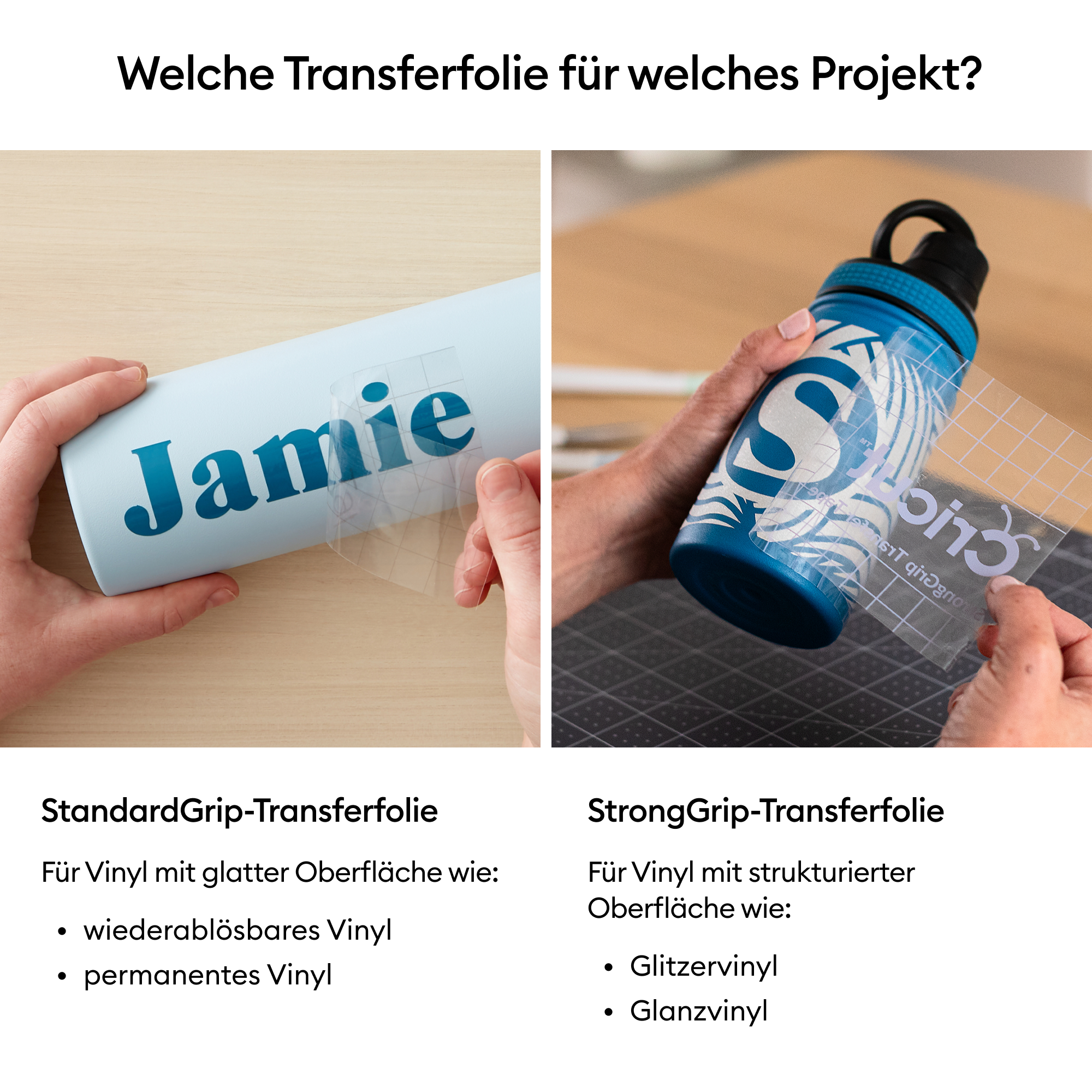 Das Bild zeigt zwei Hände, die Transferfolie auf Objekte auftragen und verschiedene Folientypen und ihre Verwendung hervorheben.