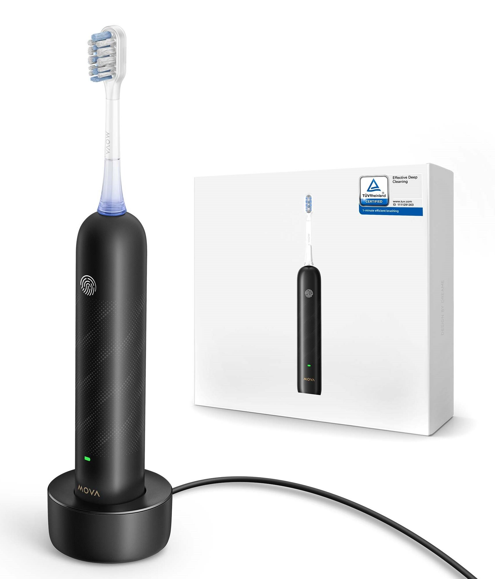 Czarna elektryczna szczoteczka do zębów MOVA na ładowarce, z pudełkiem w tle. Cechy: czujnik linii papilarnych i certyfikat TÜV Rheinland.