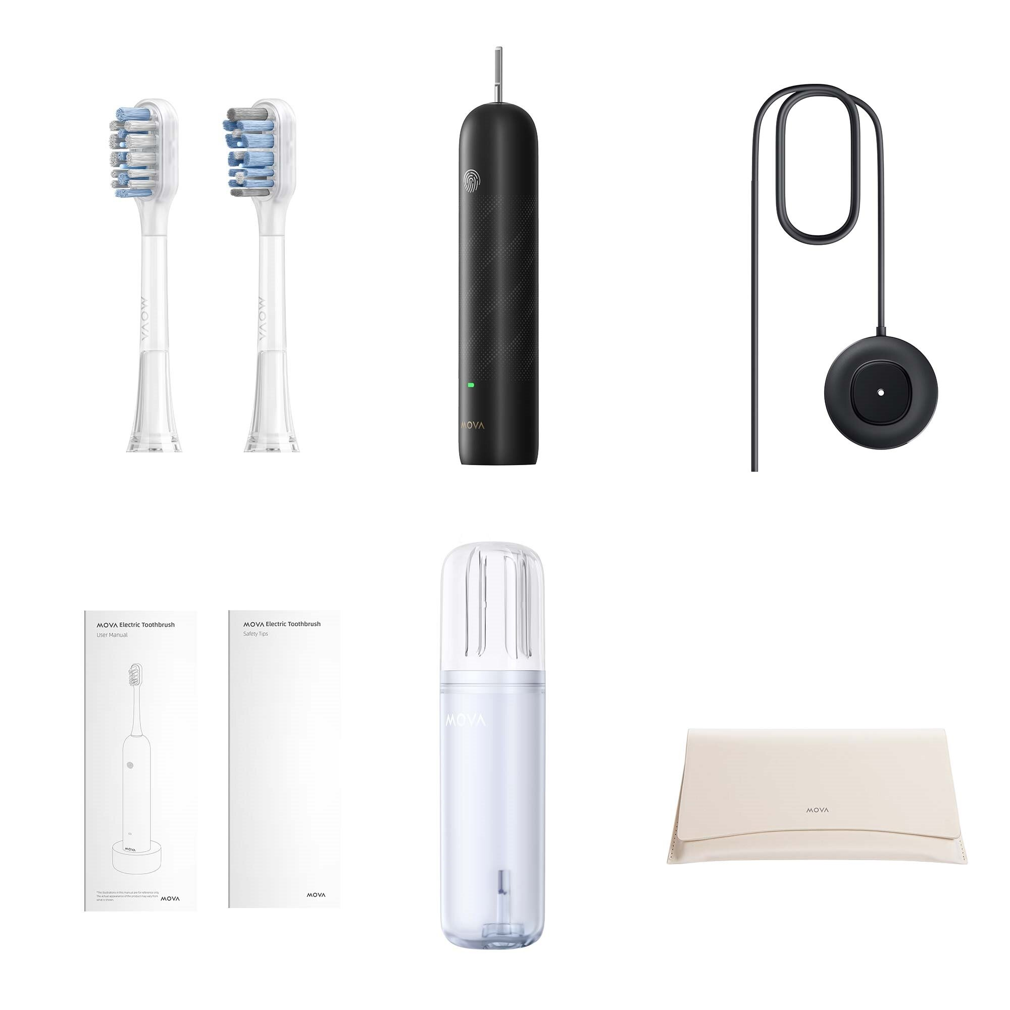 Asortyment elementów szczoteczki elektrycznej MOVA: głowice, czarny uchwyt, baza ładująca, instrukcje, środek dezynfekujący i etui.