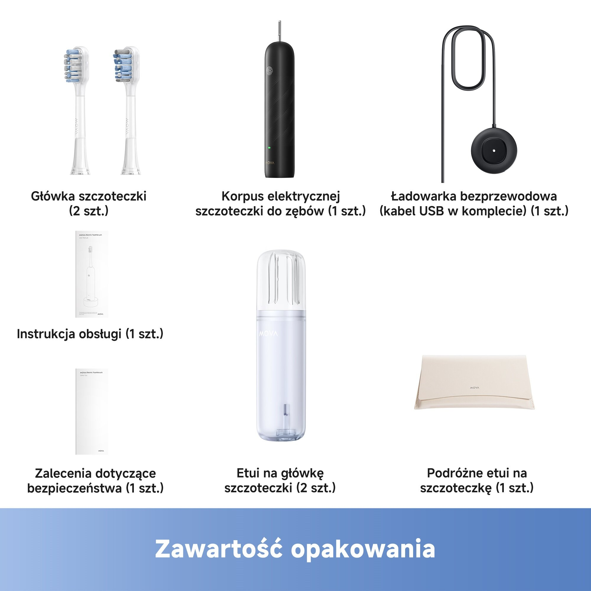 Zawartość zestawu szczoteczki do zębów: głowice, rączka, ładowarka, instrukcja, porady dot. bezpieczeństwa, etui i etui podróżne.