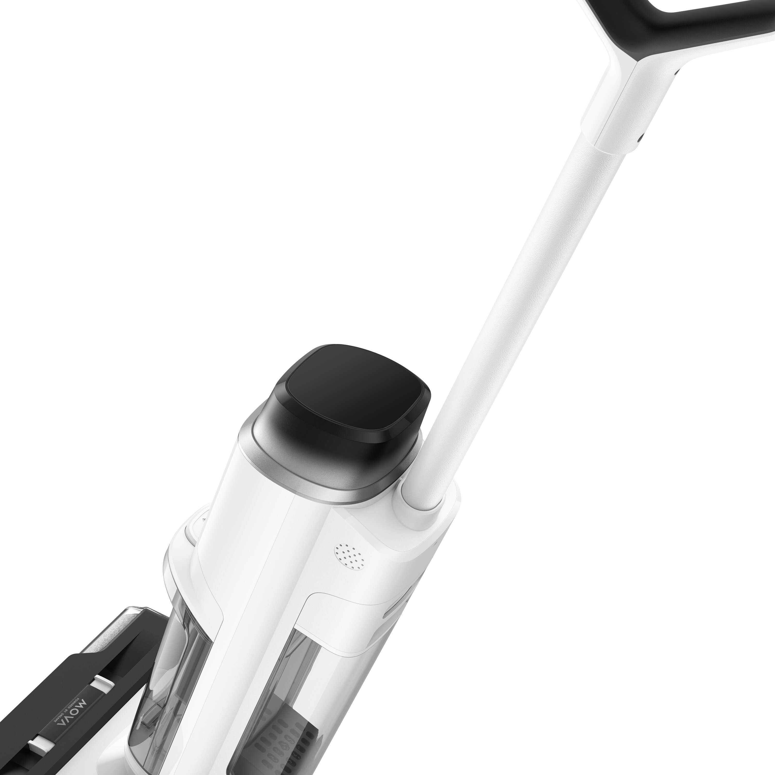 Biały i czarny odkurzacz. Widoczny uchwyt i głowica. Uchwyt jest biały, głowica czarna i srebrna. Część odkurzacza.