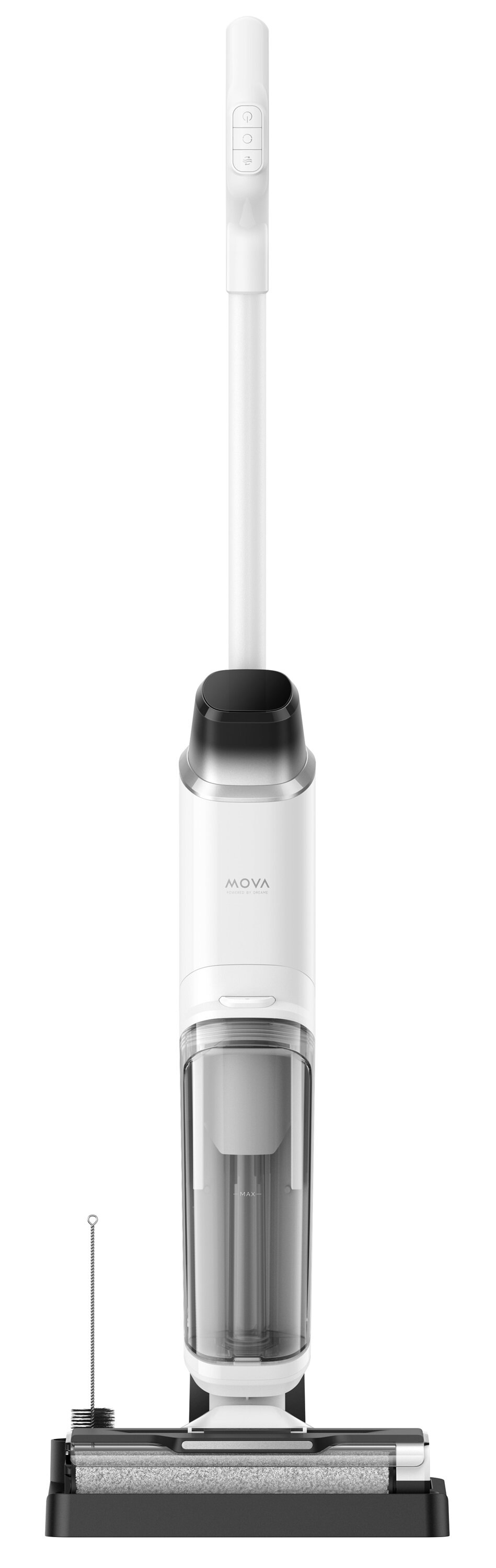 Pokazano biało-czarny odkurzacz MOVA. Ma uchwyt z przyciskami, zbiornik na wodę i szczotkę u podstawy.