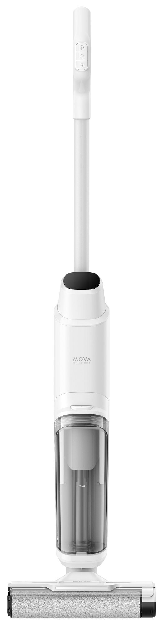 Biała myjka do podłóg MOVA. Ma uchwyt z przyciskami i przezroczysty zbiornik na wodę. Widoczna jest szczotka rolkowa.